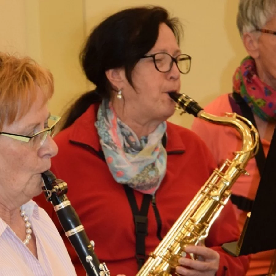 Mehrere Erwachsene spielen gemeinsam Klarinette und Saxophon.